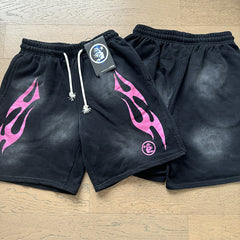 2024 summer new washed and worn casual shorts, flame printed trendy brand Hell Star men's five quarter pants (34)