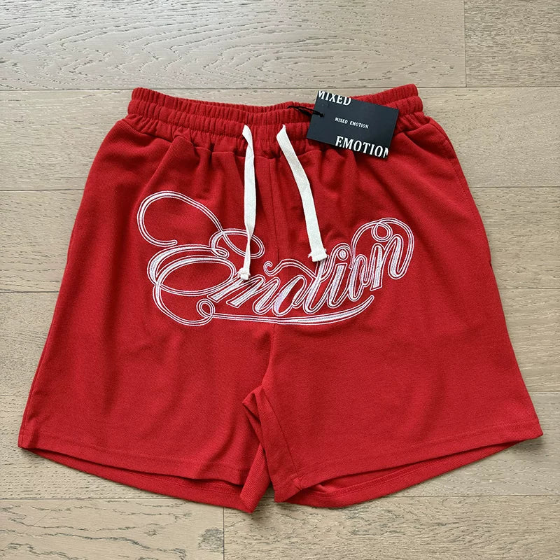 MIXED EMOTION Vintage Rhinestone Lettering Sweatshorts (Red)
