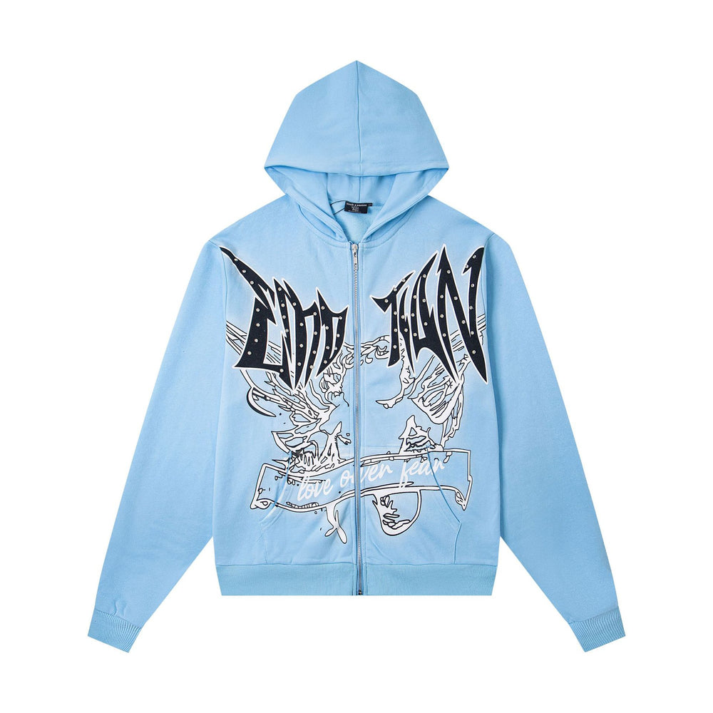 MIXED EMOTION Sky Blue Emblem Distressed Zip Hoodie
