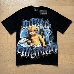 MIXED EMOTION Vintage Rhinestone Blindfolded Cherub Graphic T-Shirt (Black)