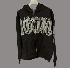 MIXED EMOTION Vintage Rhinestone Silver Lettering Full-Zip Hoodie (Black)