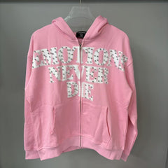 MIXED EMOTION Vintage Rhinestone "Emotions Never Die" Full-Zip Hoodie (Pink)