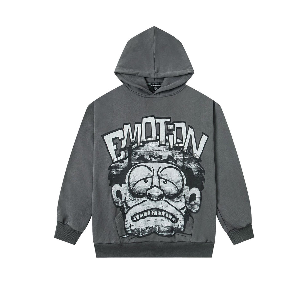 MIXED EMOTION Vintage Grumpy Cartoon Graphic Hoodie (Dark Grey)