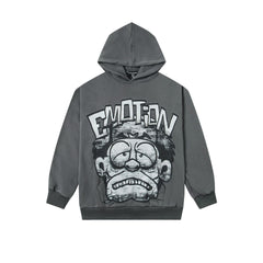 MIXED EMOTION Vintage Grumpy Cartoon Graphic Hoodie (Dark Grey)