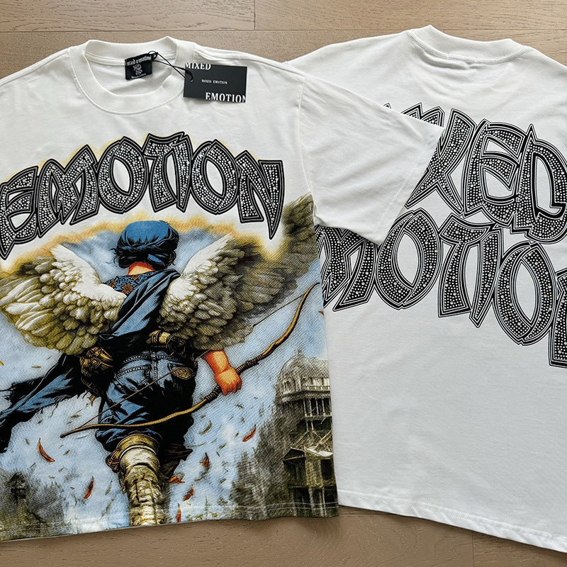 MIXED EMOTION Vintage Rhinestone Archer Angel Graphic T-Shirt (White)