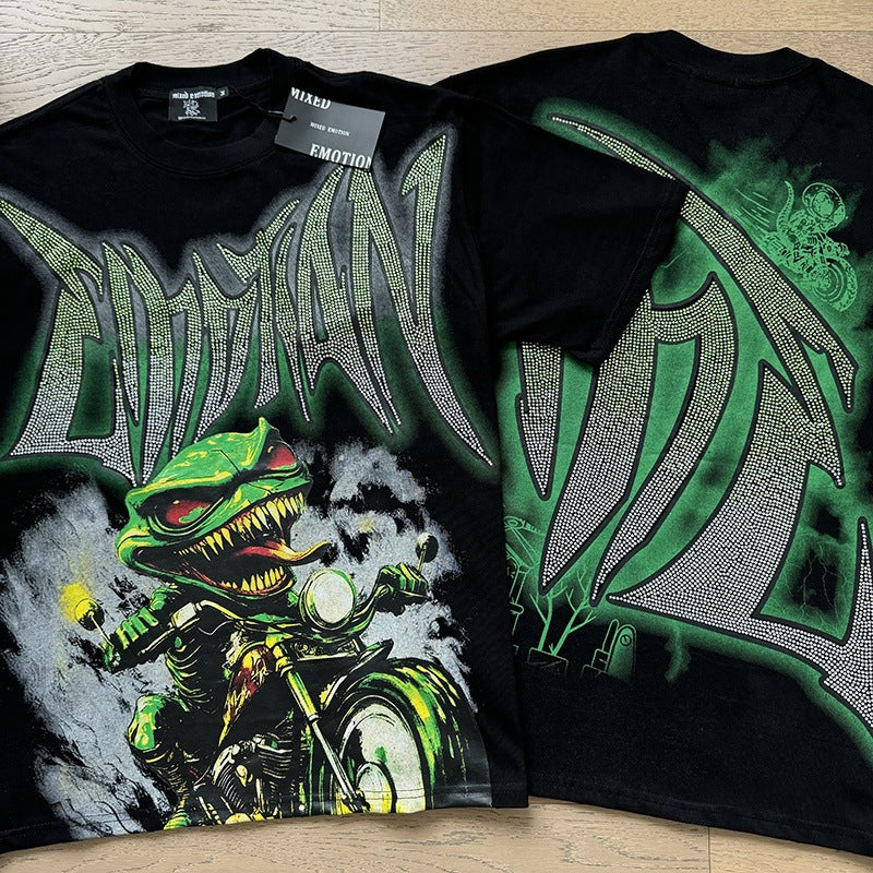 MIXED EMOTION Vintage Rhinestone Biker Monster Graphic T-Shirt (Black / Green)
