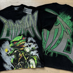 MIXED EMOTION Vintage Rhinestone Biker Monster Graphic T-Shirt (Black / Green)