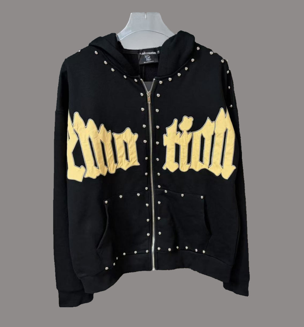 MIXED EMOTION Vintage Rhinestone Yellow Lettering Full-Zip Hoodie (Black)
