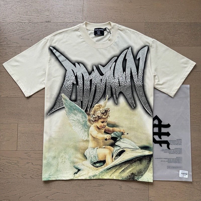 MIXEDEMOTION Retro Hot Diamond Letter Printed Summer High Street Loose Casual Men's and Women's Round Neck Short sleeved T-shirt (26)
