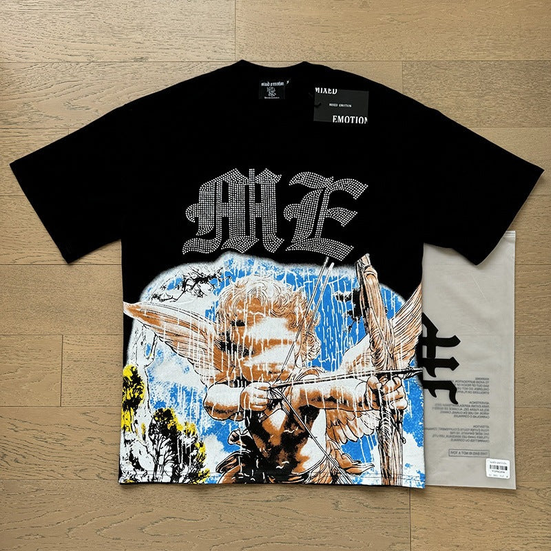MIXED EMOTION Vintage Rhinestone Cupid Graphic T-Shirt (Black)