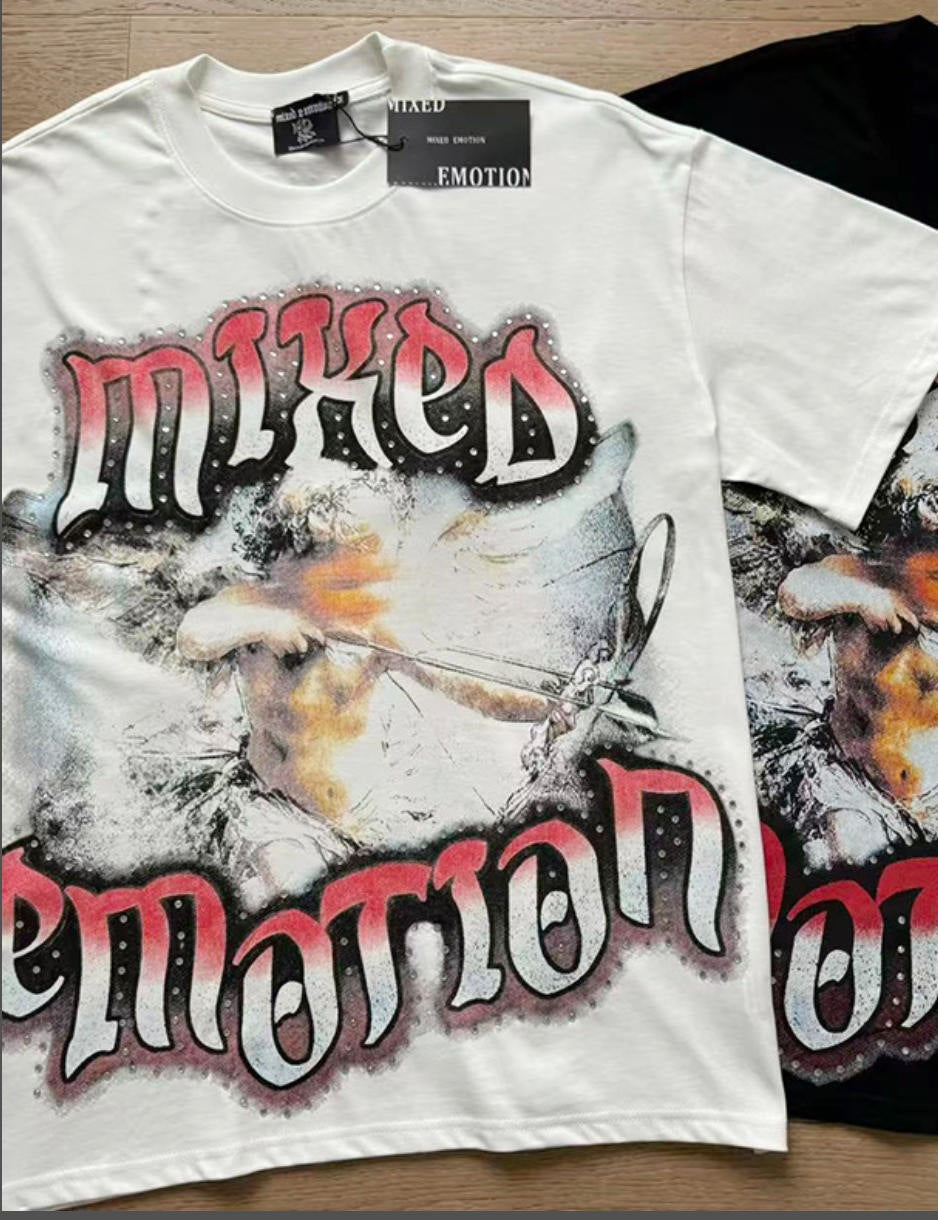 MIXED EMOTION Vintage Rhinestone Archer Cherub Graphic T-Shirt (White / Red)