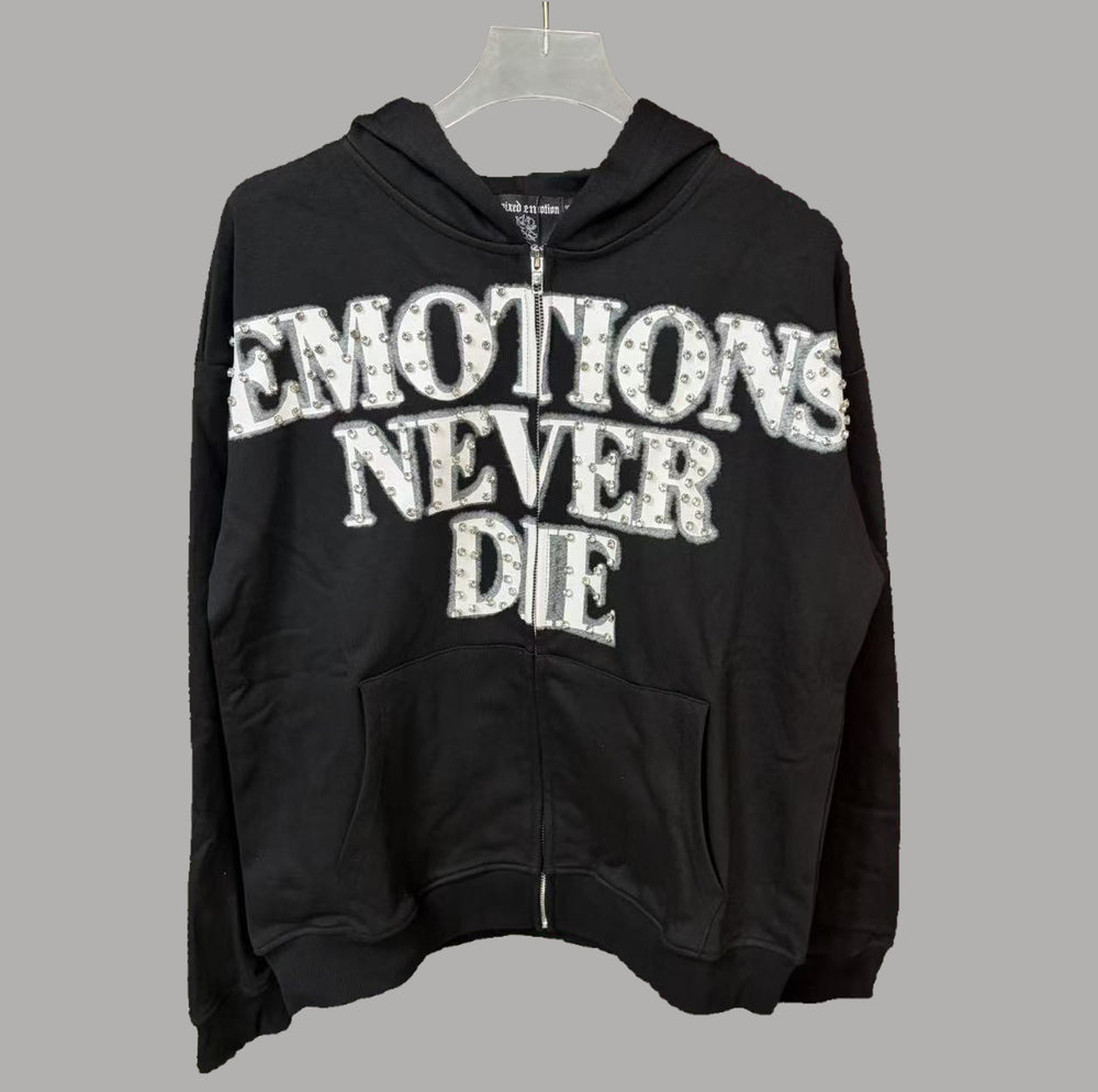 MIXED EMOTION Vintage Rhinestone "Emotions Never Die" Full-Zip Hoodie (Black)