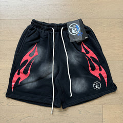 2024 summer new washed and worn casual shorts, flame printed trendy brand Hell Star men's five quarter pants (22)