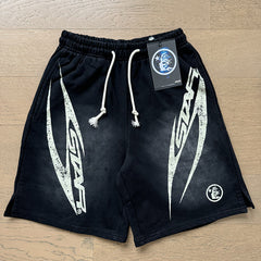 2024 summer new washed and worn casual shorts, flame printed trendy brand Hell Star men's five quarter pants (32)