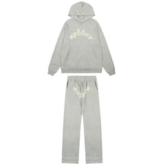 Sp5der Rhinestone Letter Graphic Grey Hoodie and Sweatpants Tracksuit Set