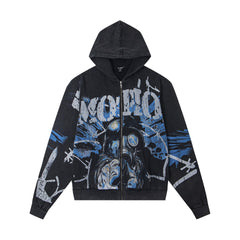 MIXED EMOTION Dark Rebel Distressed Graphic Zip Hoodie