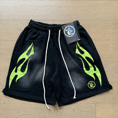 2024 summer new washed and worn casual shorts, flame printed trendy brand Hell Star men's five quarter pants (23)