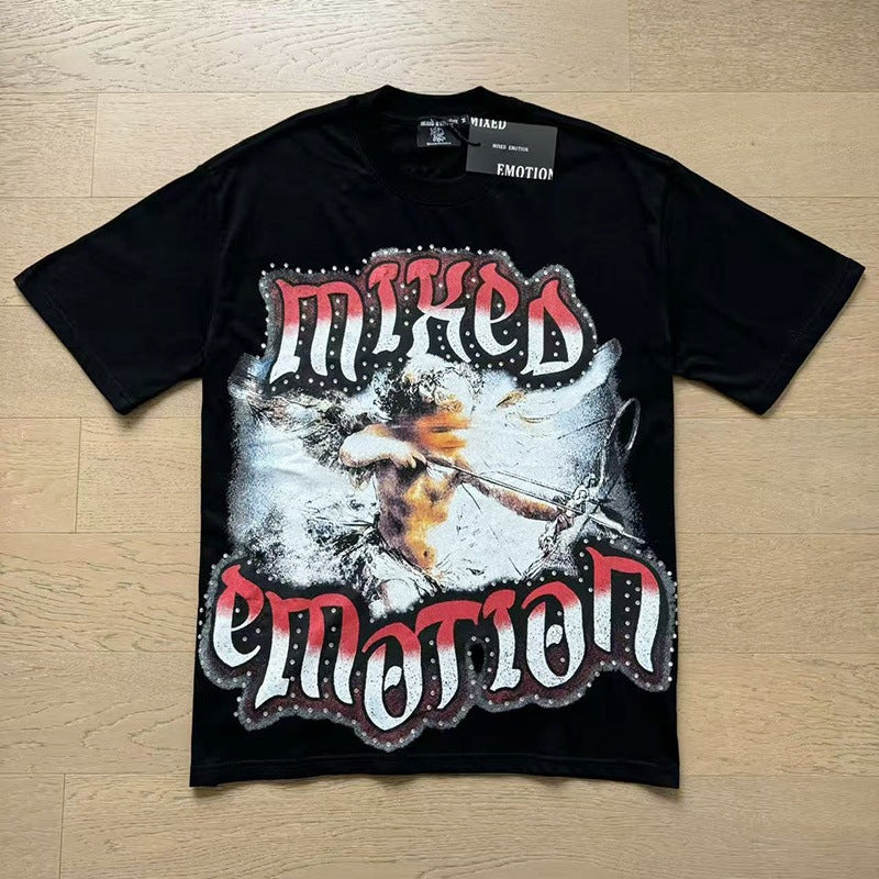 MIXED EMOTION Vintage Rhinestone Archer Cherub Graphic T-Shirt (Black / Red)