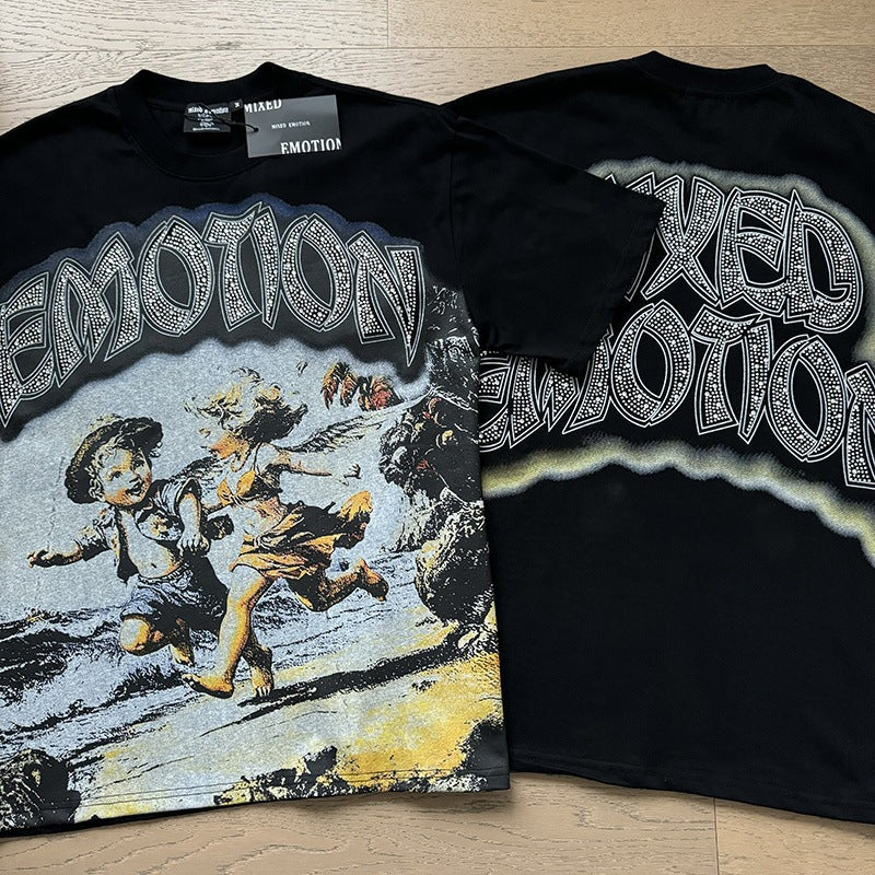 MIXED EMOTION Vintage Rhinestone Running Cherubs Graphic T-Shirt (Black)