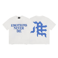 MIXED EMOTION Vintage "Emotions Never Die" Graphic T-Shirt (White / Blue)