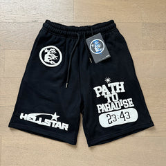 2024 summer new washed and worn casual shorts, flame printed trendy brand Hell Star men's five quarter pants (3)