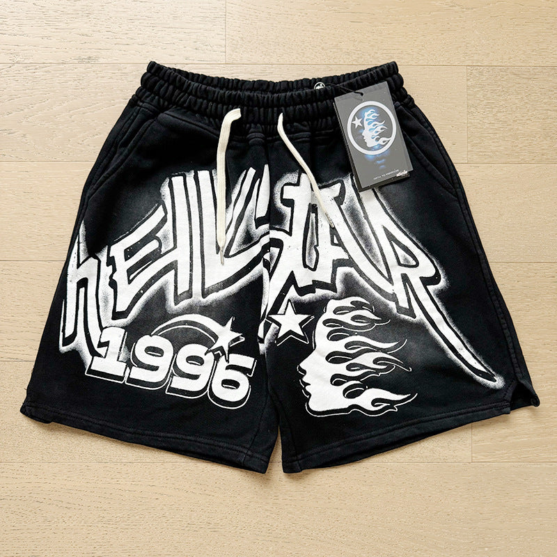 2024 summer new washed and worn casual shorts, flame printed trendy brand Hell Star men's five quarter pants (31)