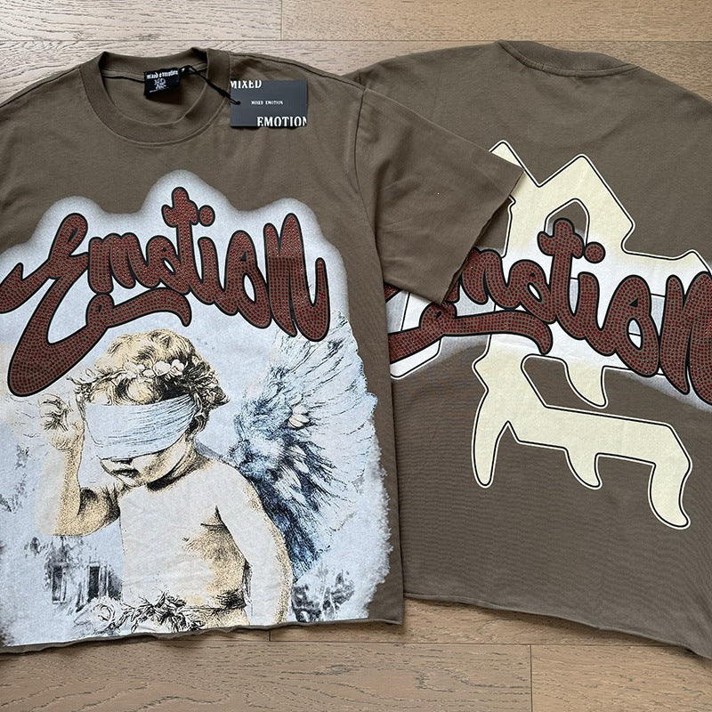 MIXED EMOTION Vintage Rhinestone Blindfolded Cherub Graphic T-Shirt (Brown)