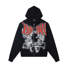 MIXED EMOTION Crimson Emblem Distressed Zip Hoodie