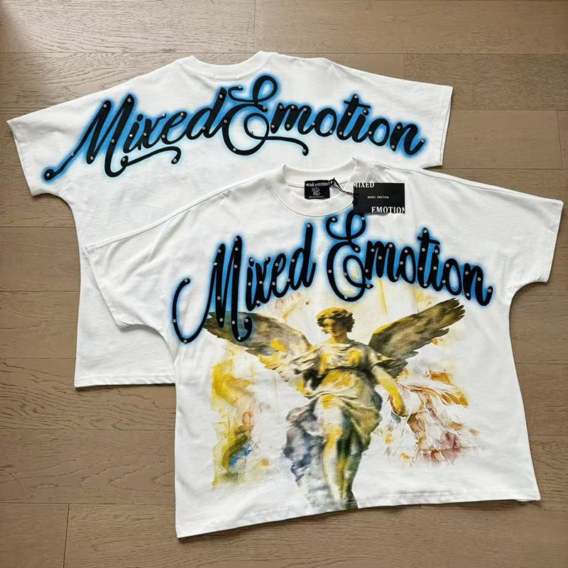MIXED EMOTION Vintage Rhinestone Script Angel Graphic T-Shirt (White / Blue)