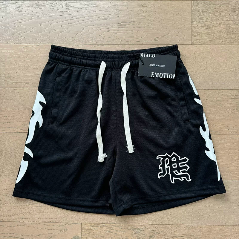 MIXED EMOTION Vintage Graphic Athletic Mesh Shorts (Black/White)