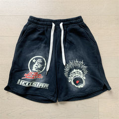2024 summer new washed and worn casual shorts, flame printed trendy brand Hell Star men's five quarter pants (10)