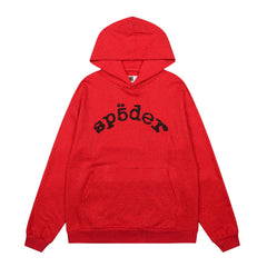 Sp5der Rhinestone Letter Graphic Red Pullover Hoodie