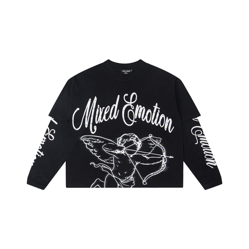 MIXED EMOTION Vintage Cupid Layered Long-Sleeve Tee (Black)