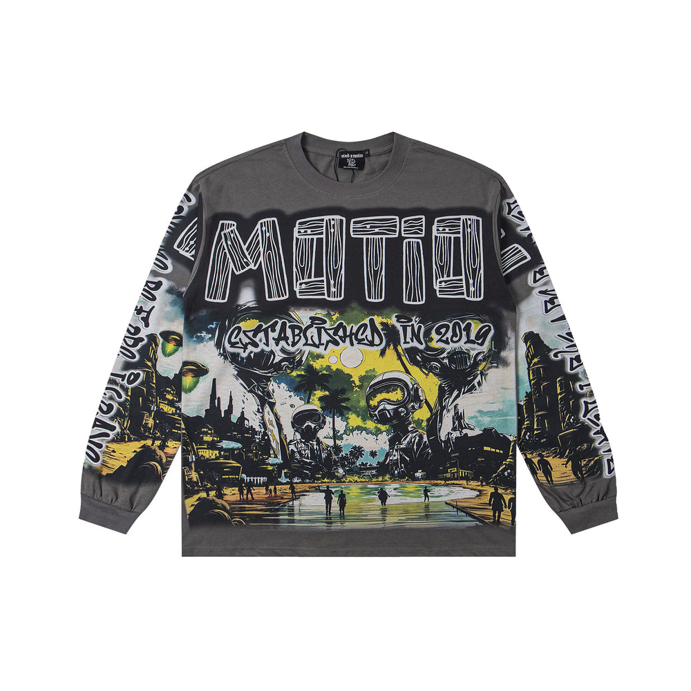 MIXED EMOTION Vintage Surreal Landscape Graphic Long-Sleeve Tee (Dark Grey)