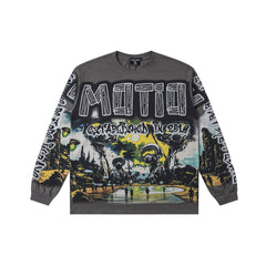 MIXED EMOTION Vintage Surreal Landscape Graphic Long-Sleeve Tee (Dark Grey)