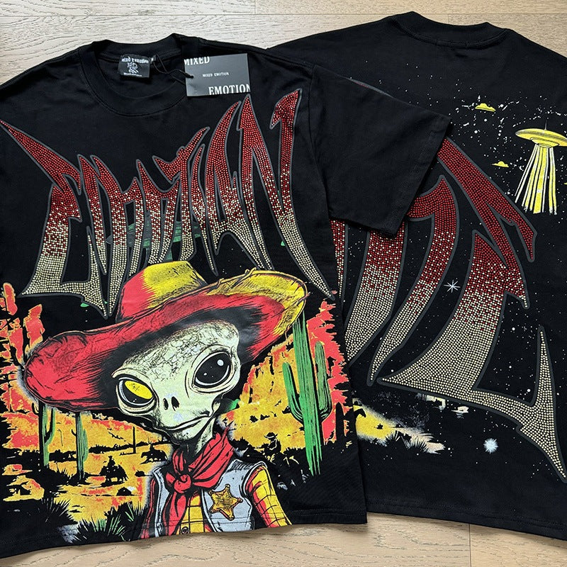 MIXED EMOTION Vintage Rhinestone Alien Cowboy Graphic T-Shirt (Black)
