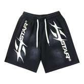 2024 summer new washed and worn casual shorts, flame printed trendy brand Hell Star men's five quarter pants (28)