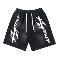 2024 summer new washed and worn casual shorts, flame printed trendy brand Hell Star men's five quarter pants (28)