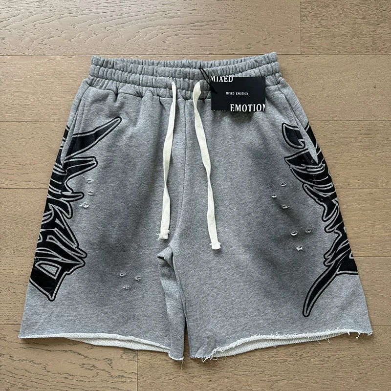 MIXED EMOTION Vintage Distressed Graphic Sweatshorts (Heather Grey)