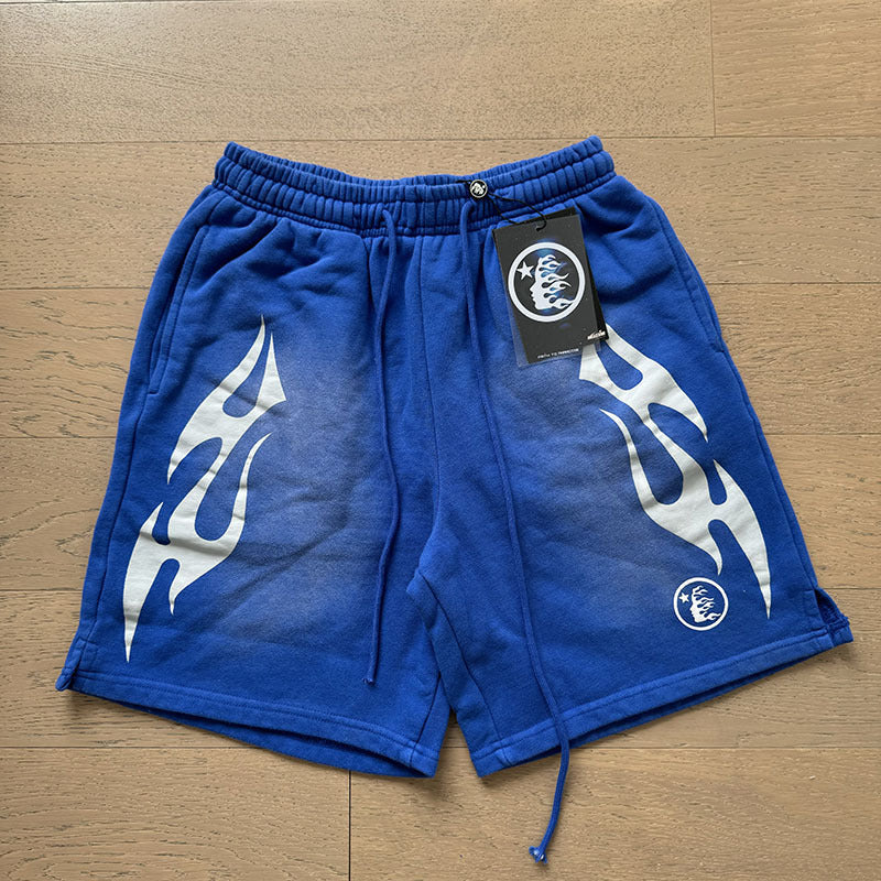 2024 summer new washed and worn casual shorts, flame printed trendy brand Hell Star men's five quarter pants (25)