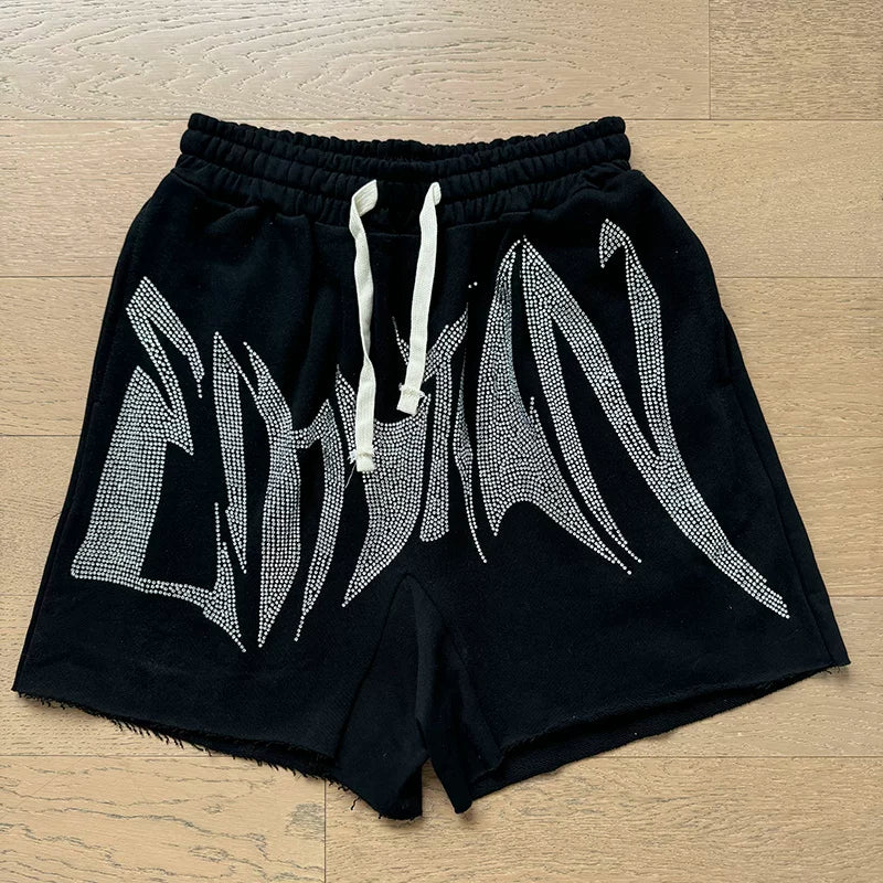 MIXED EMOTION Vintage Rhinestone Lettering Sweatshorts (Black)