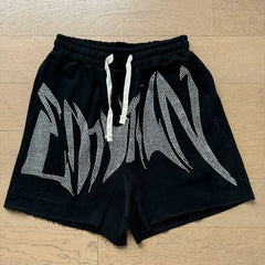 MIXED EMOTION Vintage Rhinestone Lettering Sweatshorts (Black)