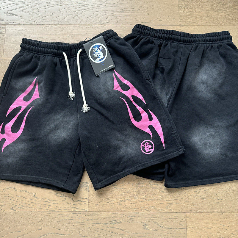 2024 summer new washed and worn casual shorts, flame printed trendy brand Hell Star men's five quarter pants (34)