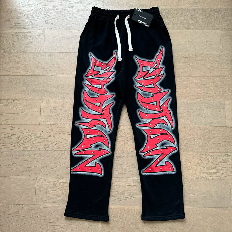 MIXED EMOTION Vintage Graphic Sweatpants (Black/Red)