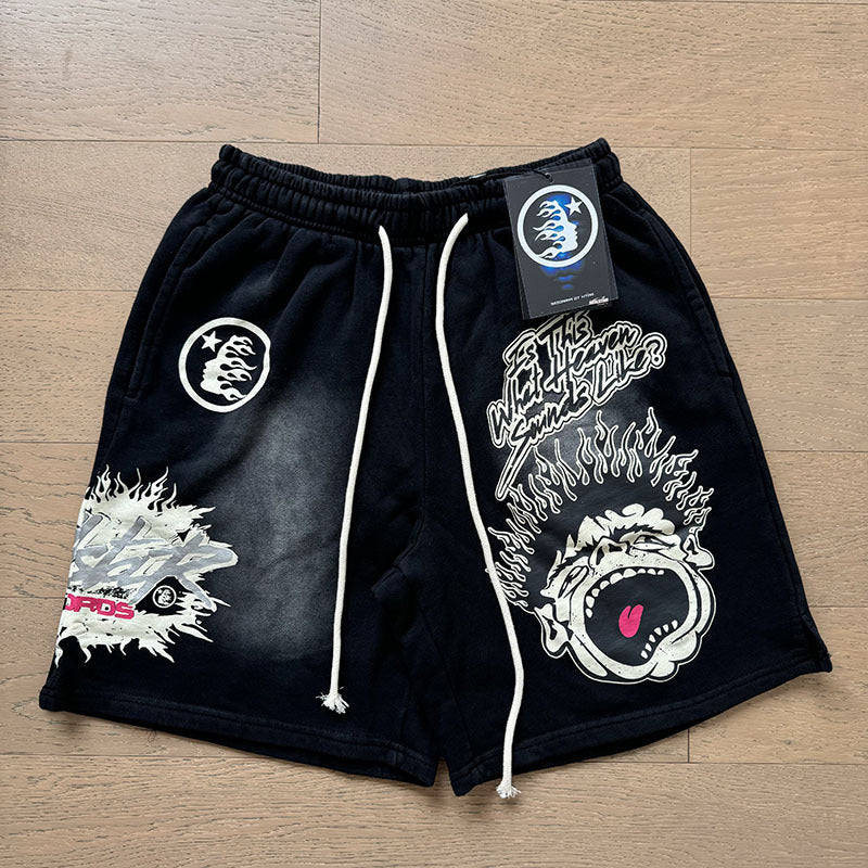 2024 summer new washed and worn casual shorts, flame printed trendy brand Hell Star men's five quarter pants (26)