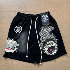 2024 summer new washed and worn casual shorts, flame printed trendy brand Hell Star men's five quarter pants (26)