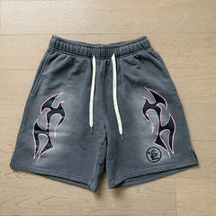2024 summer new washed and worn casual shorts, flame printed trendy brand Hell Star men's five quarter pants (9)