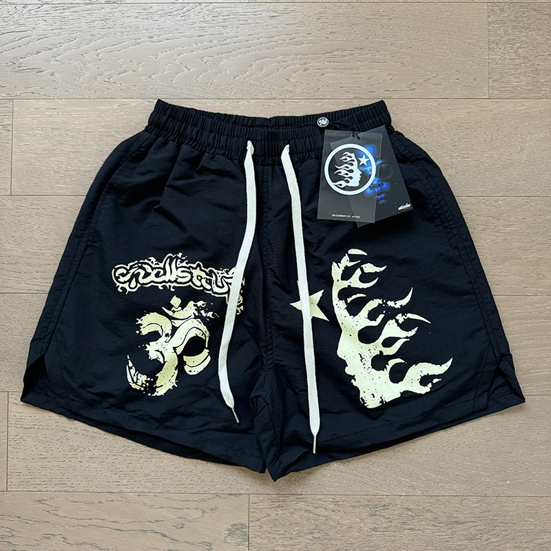 2024 summer new washed and worn casual shorts, flame printed trendy brand Hell Star men's five quarter pants (15)