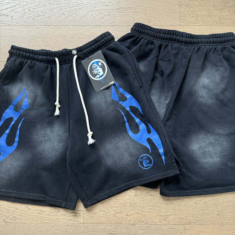 2024 summer new washed and worn casual shorts, flame printed trendy brand Hell Star men's five quarter pants (33)