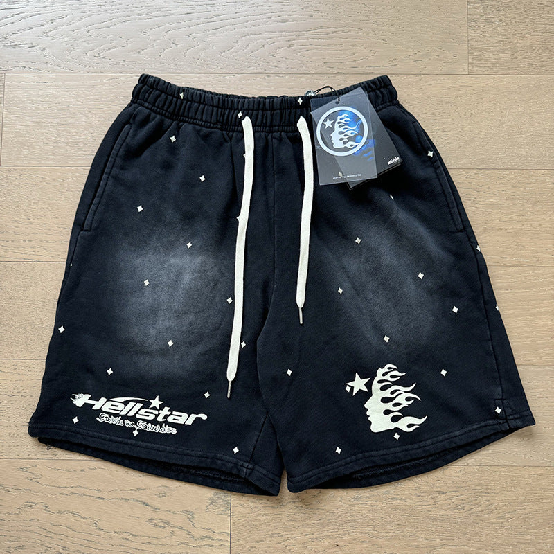 2024 summer new washed and worn casual shorts, flame printed trendy brand Hell Star men's five quarter pants (20)